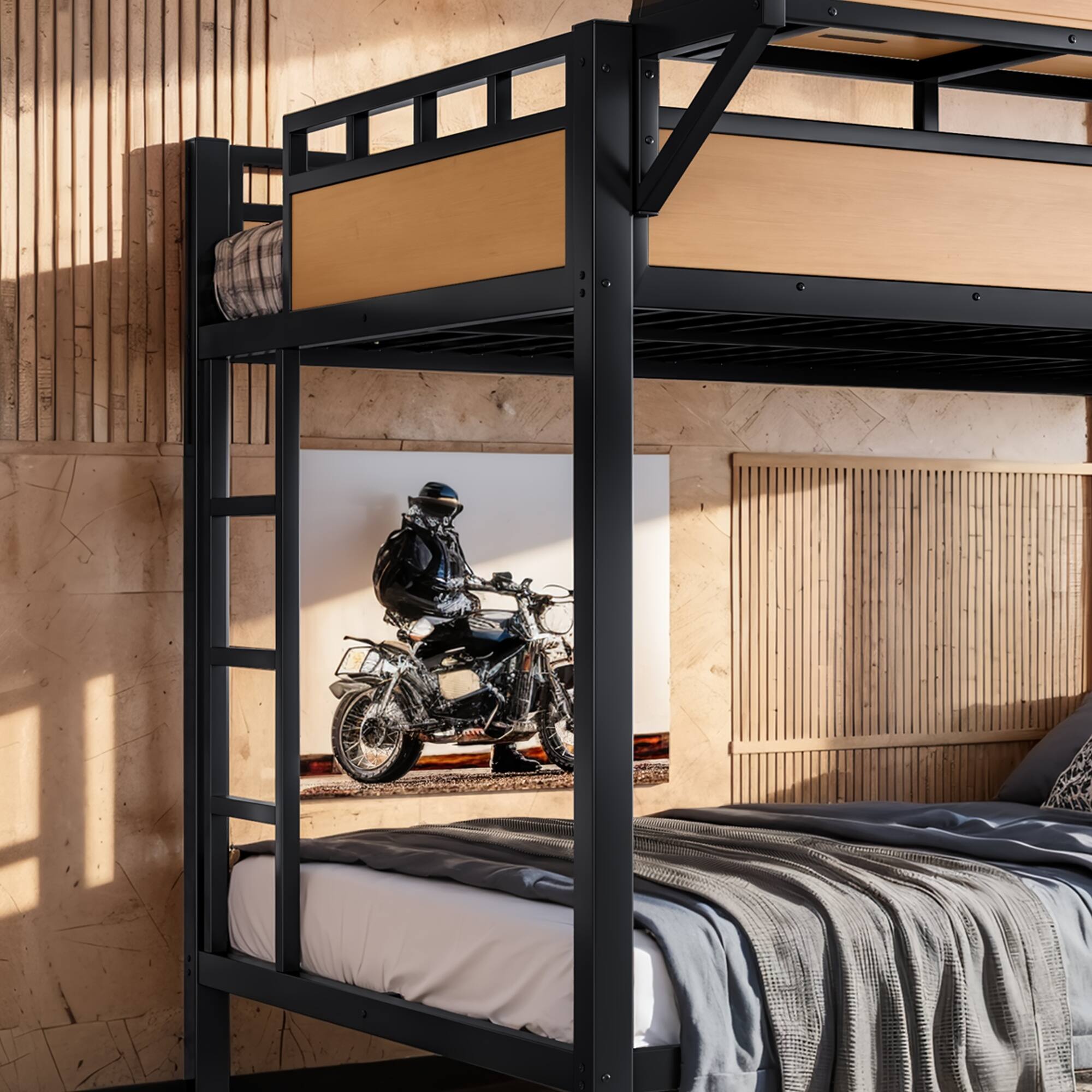 Alt View 3. Boyel Living - Full over Full Size Metal Bunk Bed with Storage Shelves and Pegboard Bunk Bed Frame - Black.