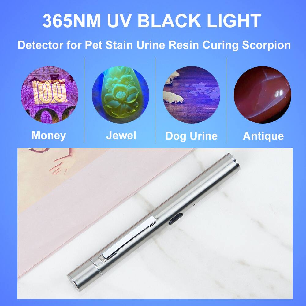365NM UV BLACK LIGHT  
Detector for Pet Stain Urine Resin Curing Scorpion  

Money  
Jewel  
Dog Urine  
Antique