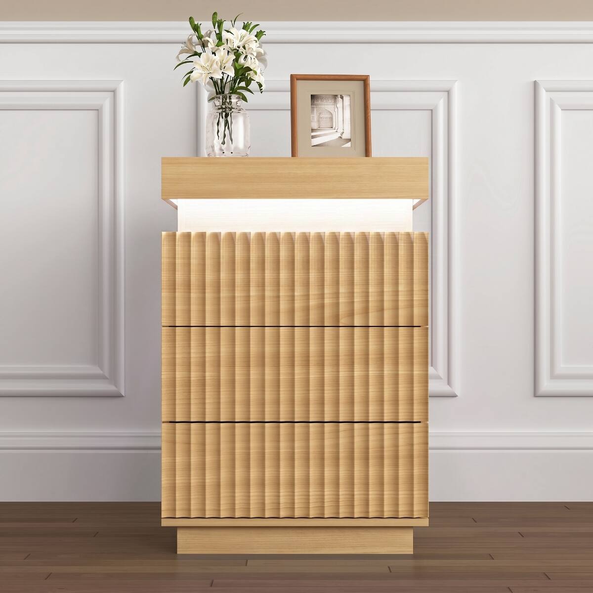 Alt View 10. Loheer - Loheer Natural Nightstand Set of 2 with Charging Station and LED Lights - Natural.