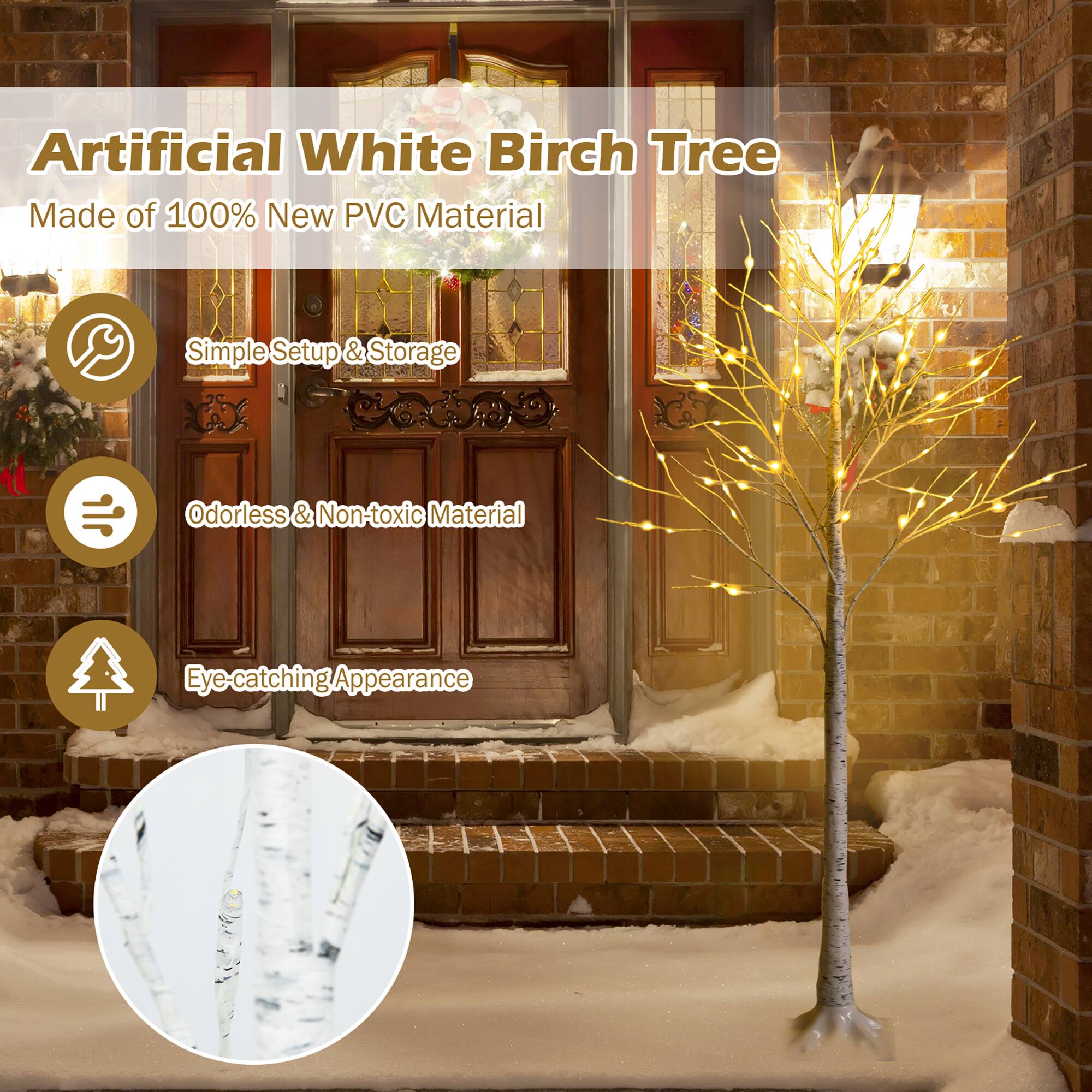 Artificial White Birch Tree Made of 100% New PVC Material Simple Setup & Storage Odorless & Non-toxic Material Eye catching Appearance