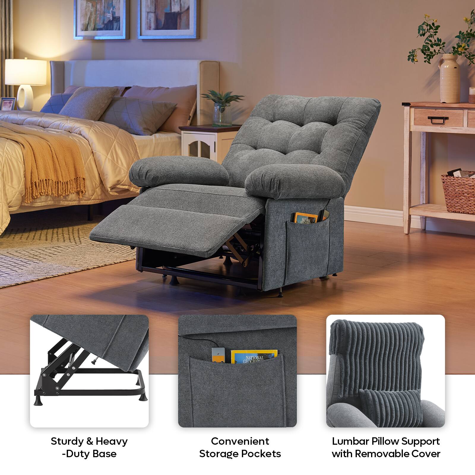 The image shows a comfortable chair with a storage pocket and a lumbar pillow support. The chair is designed for sturdiness and heavy-duty use, making it suitable for daily use. The storage pocket provides convenience for keeping items within reach, while the lumbar pillow support offers additional comfort and support for the lower back. The chair is also equipped with a removable cover, allowing for easy cleaning and maintenance.