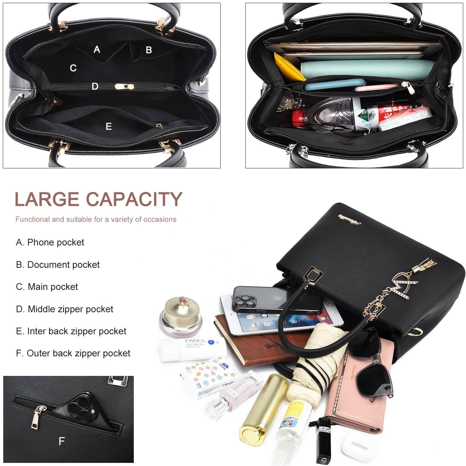 LARGE CAPACITY  
Functional and suitable for a variety of occasions  

A. Phone pocket  
B. Document pocket  
C. Main pocket  
D. Middle zipper pocket  
E. Inter back zipper pocket  
F. Outer back zipper pocket
