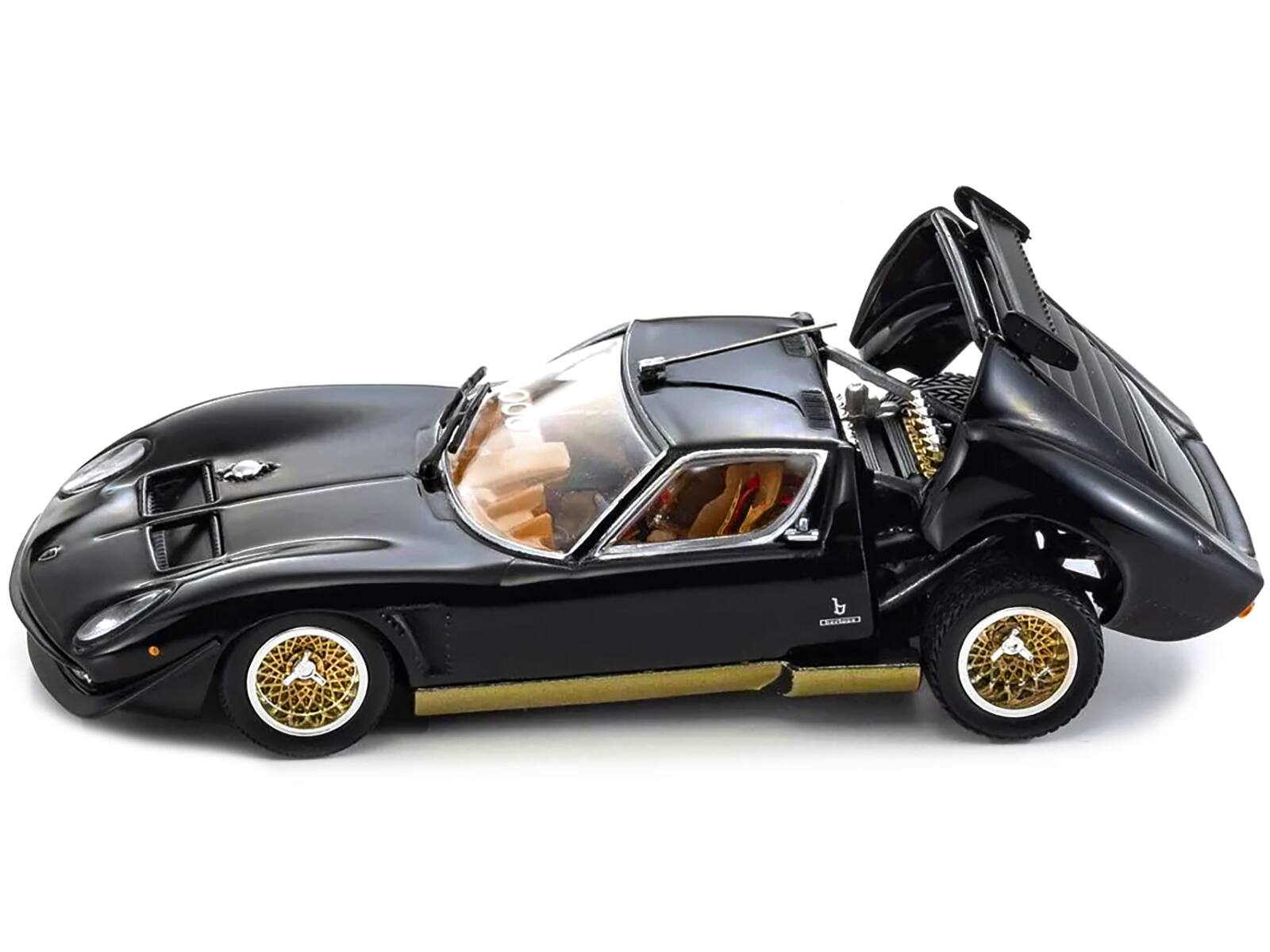 Left. Kyosho - Lamborghini Miura SVR Black with Gold Accents and Wheels 1/43 Diecast Model Car by Kyosho - Black with Gold.