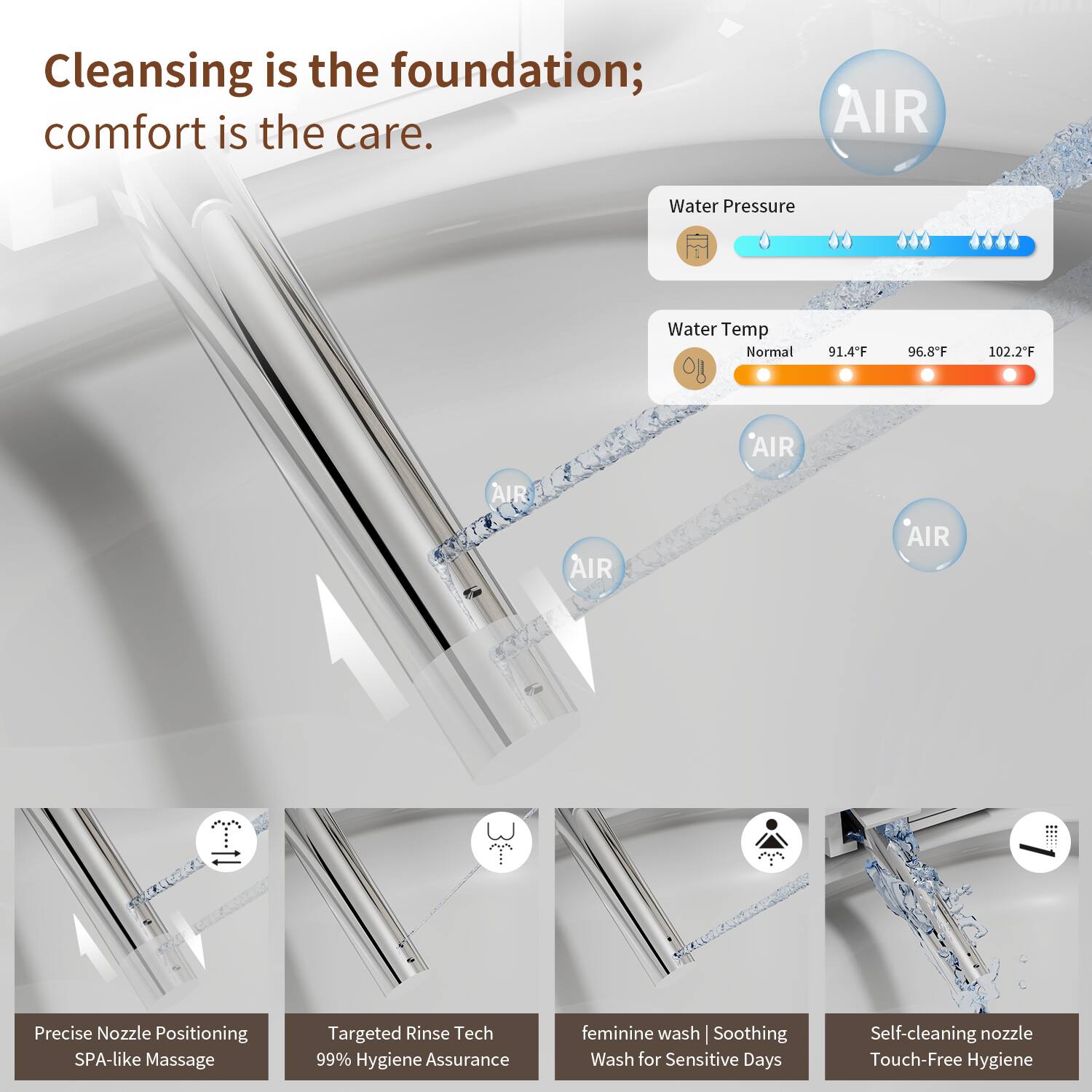 Cleansing is the foundation; comfort is the care.

- Water Pressure
- Water Temp
  - Normal: 91.4°F
  - 96.8°F
  - 102.2°F

- AIR
- AIR
- AIR
- AIR

- Precise Nozzle Positioning
- SPA-like Massage
- Targeted Rinse Tech
- 99% Hygiene Assurance

- feminine wash
- Soothing Wash for Sensitive Days

- Self-cleaning nozzle
- Touch-Free Hygiene