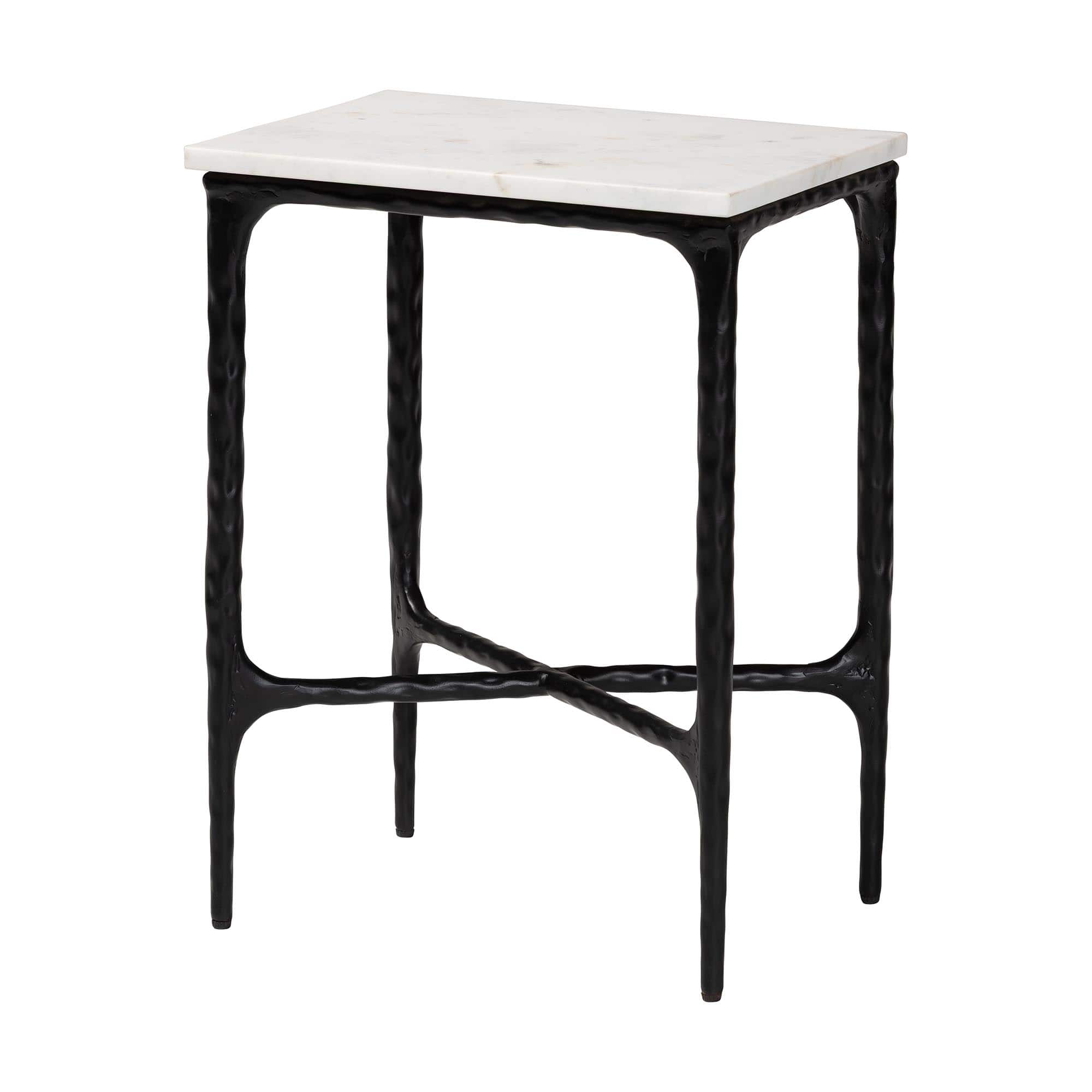 Photos - Coffee Table STUDIO Baxton  - Akanji Marble End Table - Modern Rustic Accent Table with Hand-Forged Metal Frame, Rectangle - Marble White/ 