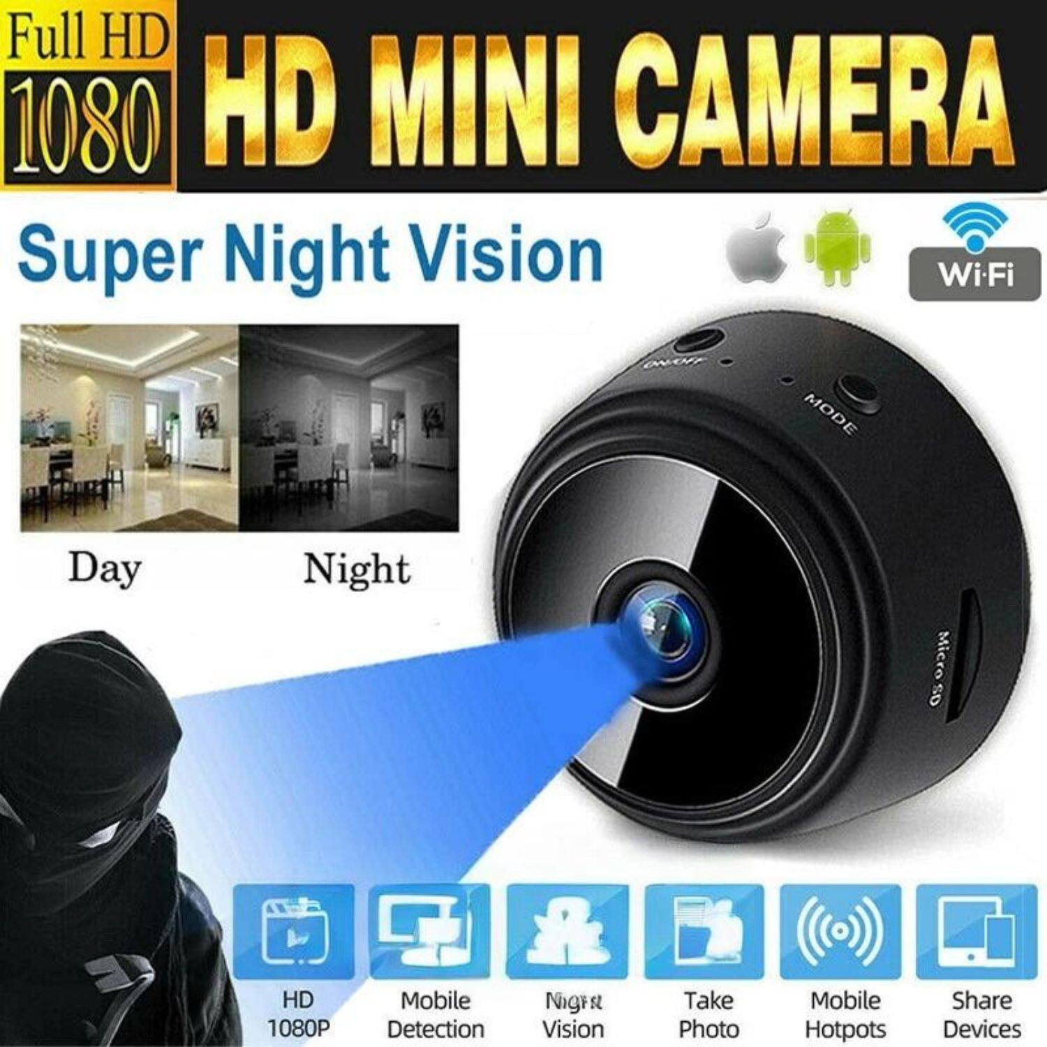 Full HD 1080  
HD MINI CAMERA  
Super Night Vision  

Day  
Night  

HD 1080P  
Mobile Detection  
Night Vision  
Take Photo  
Mobile Hotspots  
Share Devices  

Wi-Fi