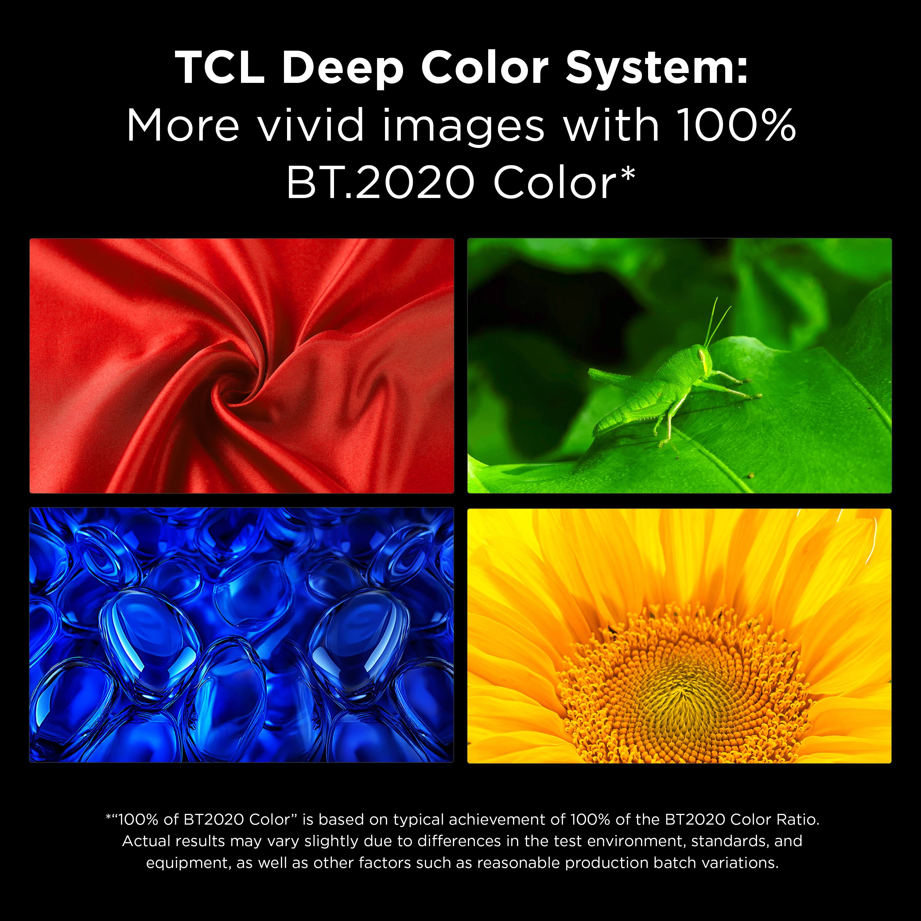 TCL Deep Color System: More vivid images with 100% BT.2020 Color*

"100% of BT2020 Color" is based on typical achievement of 100% of the BT2020 Color Ratio. Actual results may vary slightly due to differences in the test environment, standards, and equipment, as well as other factors such as reasonable production batch variations.