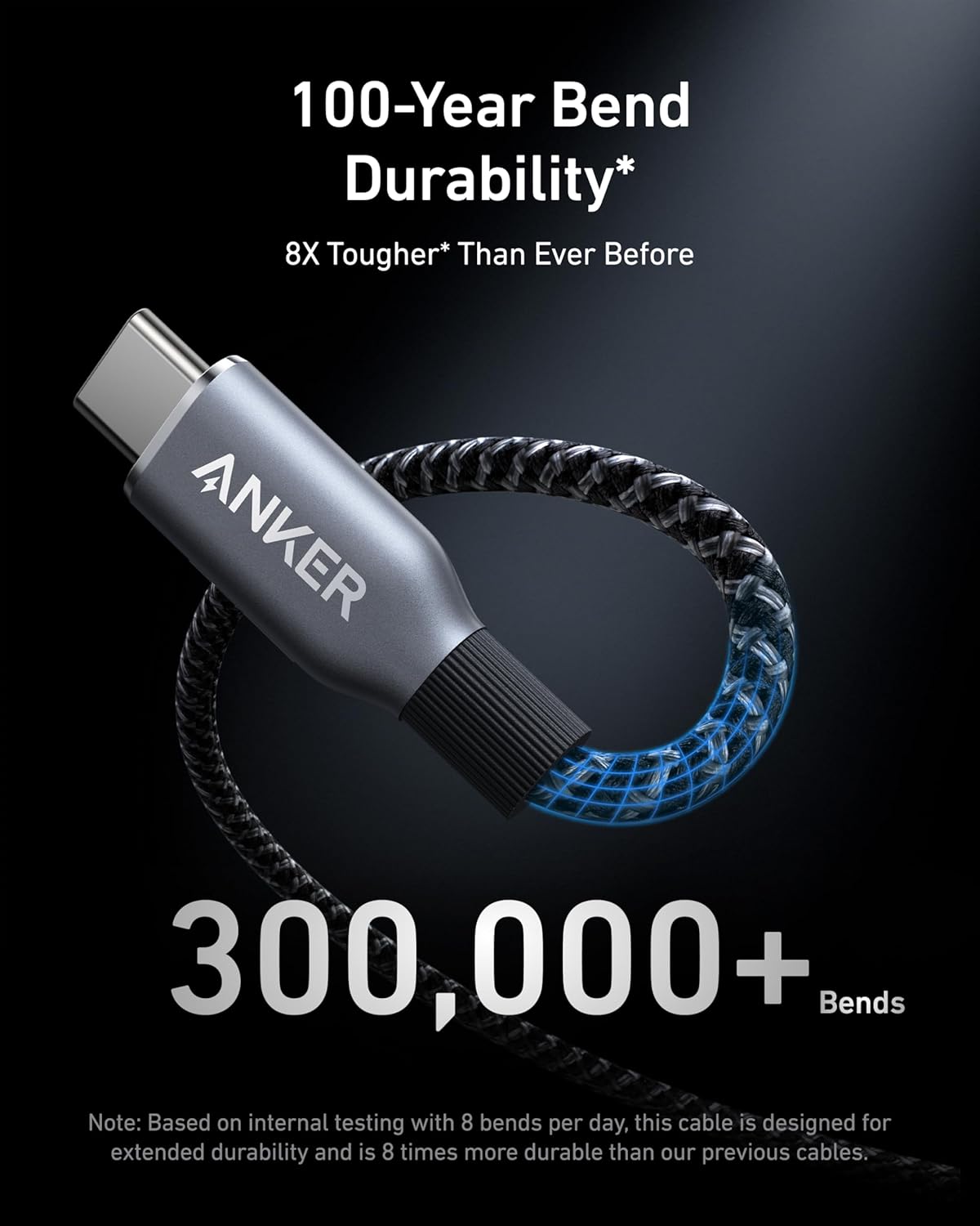 100-Year Bend Durability*  
8X Tougher* Than Ever Before  

ANKER  
300,000+ Bends  

Note: Based on internal testing with 8 bends per day, this cable is designed for extended durability and is 8 times more durable than our previous cables.
