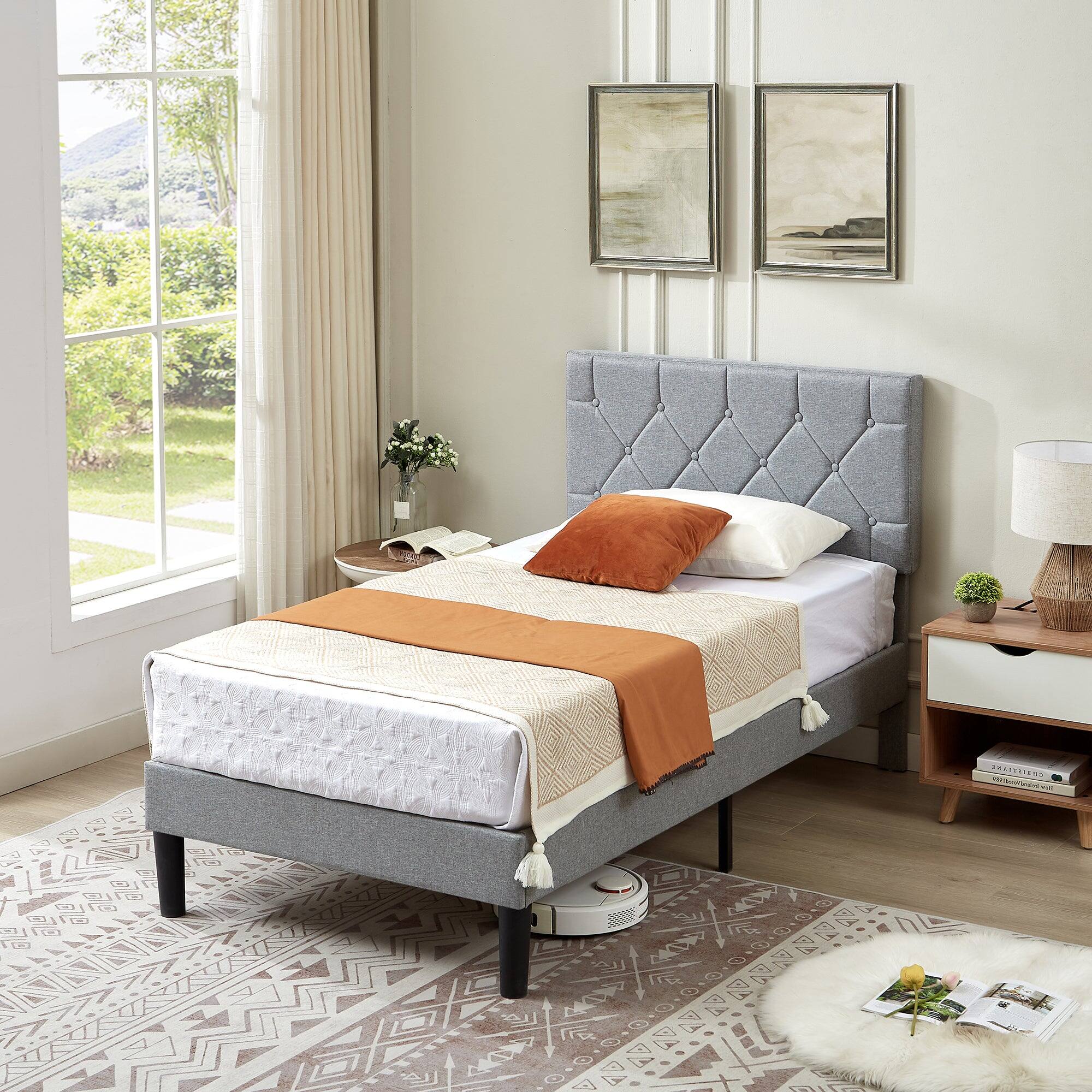 Left. Vecelo - Twin Bed Frame with Upholstered Headboard, Heavy Duty Wooden Bed Slats - Noiseless Platform Bed, No Box Spring Required - Grey.