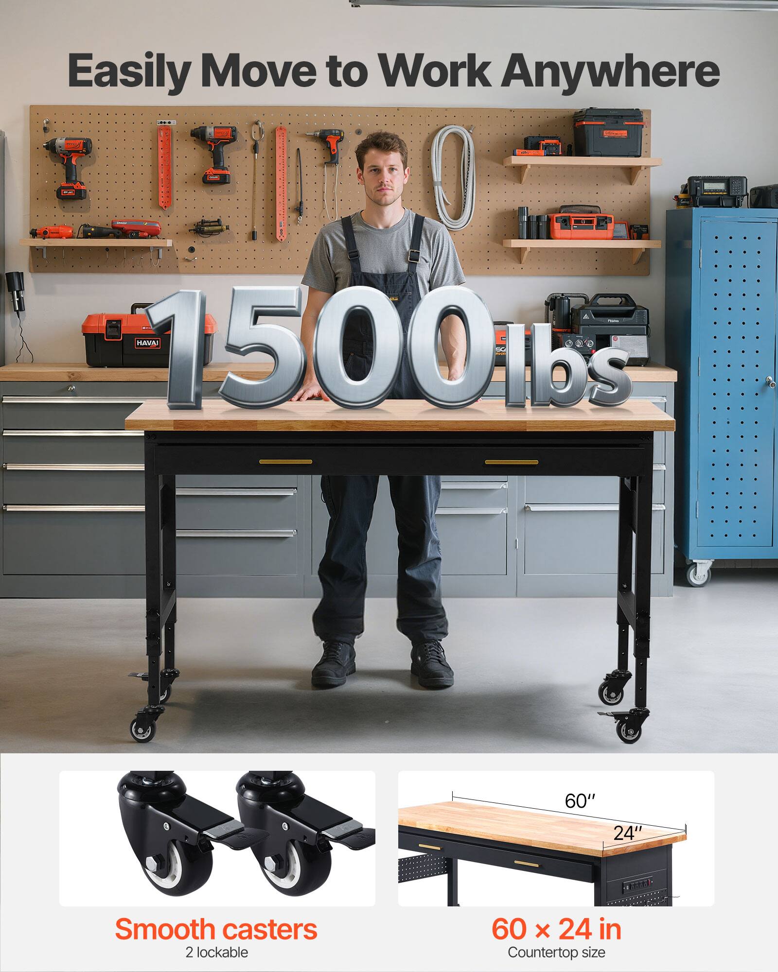 Easily Move to Work Anywhere

1500 lbs

Smooth casters
2 lockable

60 x 24 in
Countertop size