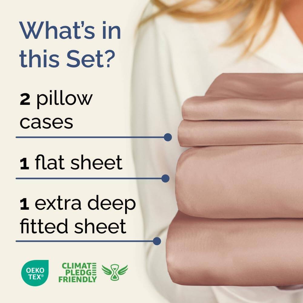 What's in this Set?

- 2 pillow cases
- 1 flat sheet
- 1 extra deep fitted sheet

CLIMATE PLEDGE FRIENDLY

OEKO TEX