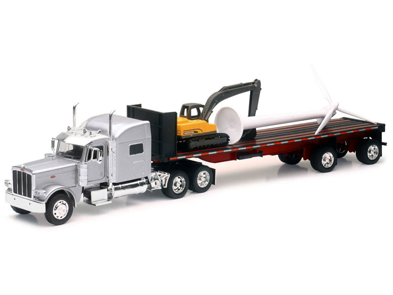 Angle. New Ray - Peterbilt 389 Truck with Flatbed Trailer Silver Metallic, Excavator and Wind Turbine 1/32 "Long Haul Truckers" - Silver Metallic.