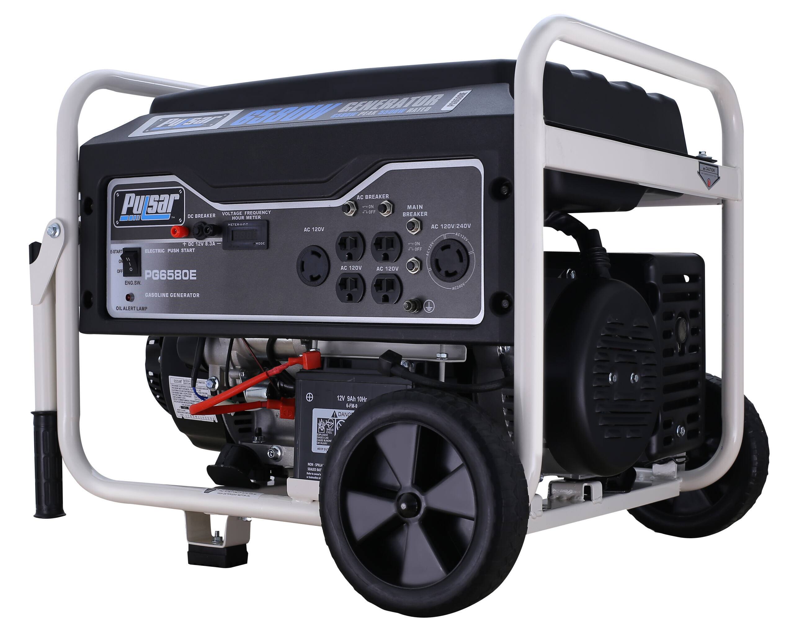 Pulsar  
PG6580E  
GASOLINE GENERATOR  
120V AC  
120V AC  
DC BREAKER  
VOLTAGE FREQUENCY  
HOUR METER  
MAIN BREAKER  
AC 120V/240V  
AC BREAKER  
AC 120V  
AC 120V  
AC 120V  
ELECTRIC PUSH START  
ENGINE  
OILER LAMP  
OIL ALERT LAMP  
12V 8Ah 10hr  
BATTERY