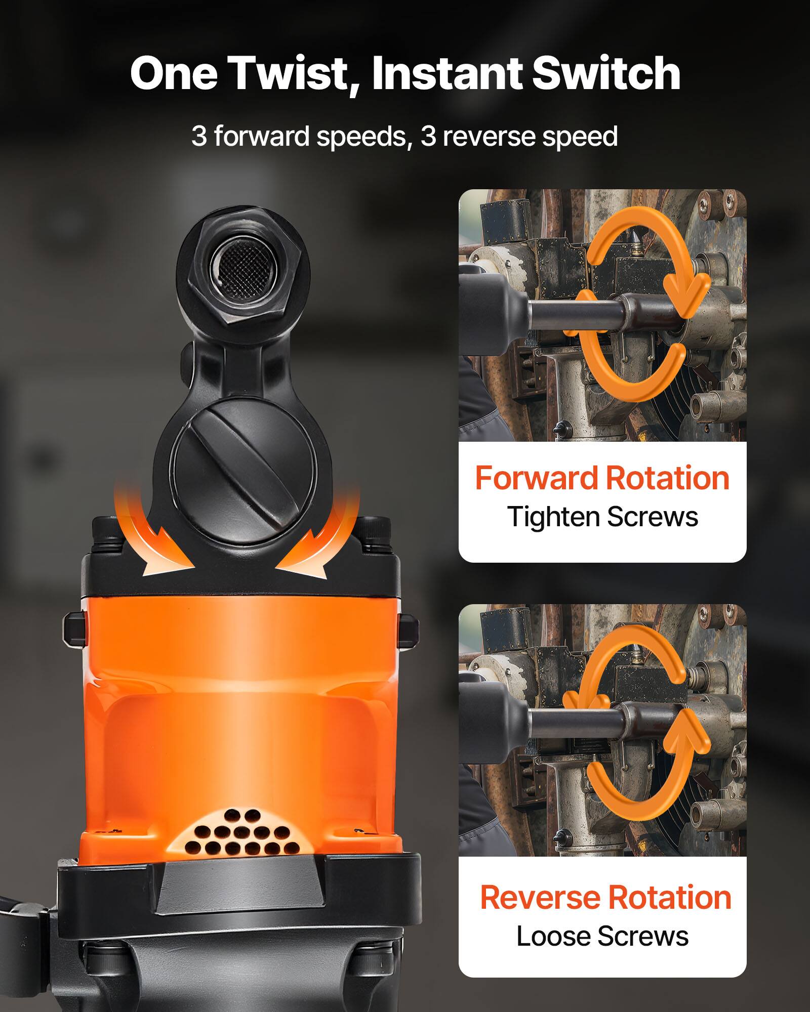 One Twist, Instant Switch  
3 forward speeds, 3 reverse speed  

Forward Rotation  
Tighten Screws  

Reverse Rotation  
Loose Screws