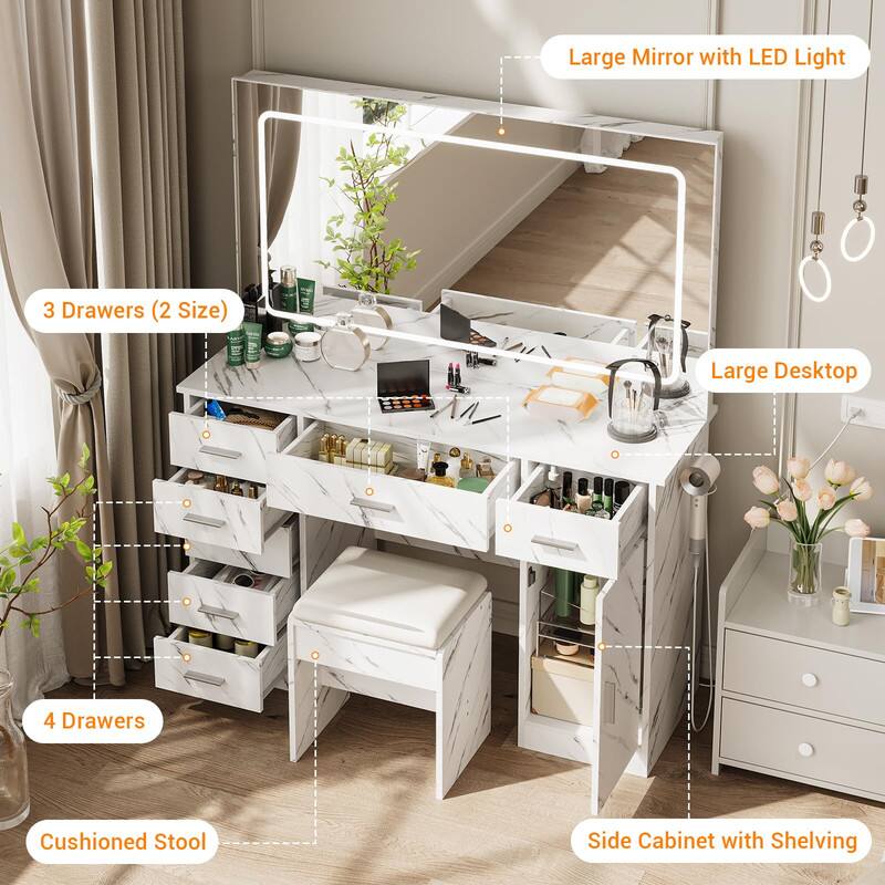 - Large Mirror with LED Light
- Large Desktop
- 3 Drawers (2 Size)
- 4 Drawers
- Cushioned Stool
- Side Cabinet with Shelving