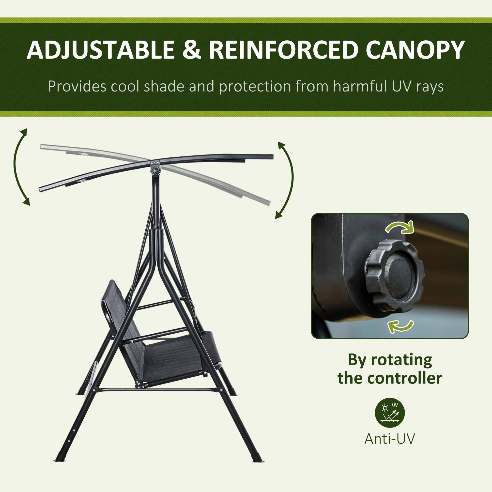 ADJUSTABLE & REINFORCED CANOPY
Provides cool shade and protection from harmful UV rays
By rotating the controller
Anti-UV
