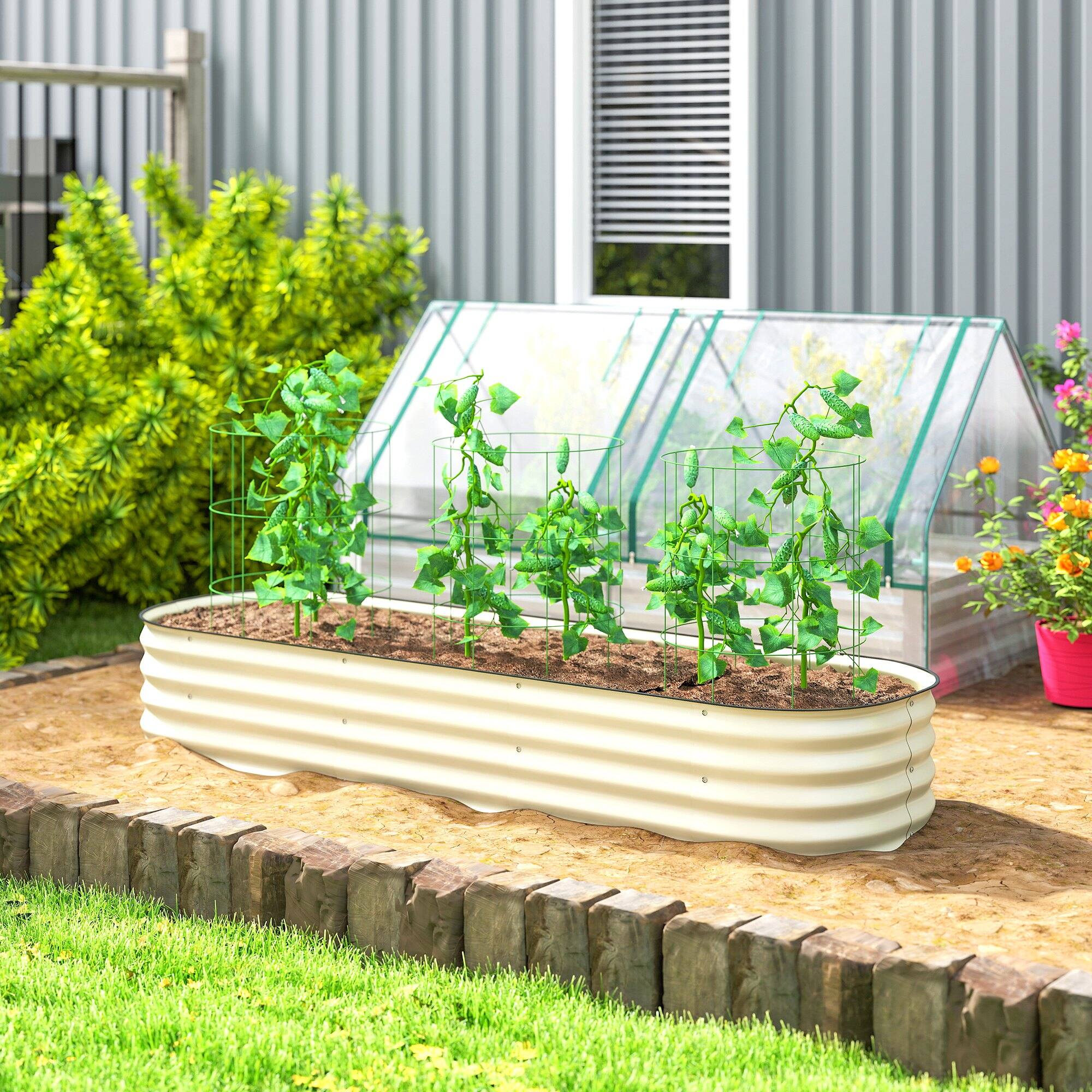 Alt View 1. Outsunny - 6.5' x 2' x 1' Galvanized Raised Garden Bed Kit, Outdoor Metal Elevated Planter Box with Safety Edging - Cream White.
