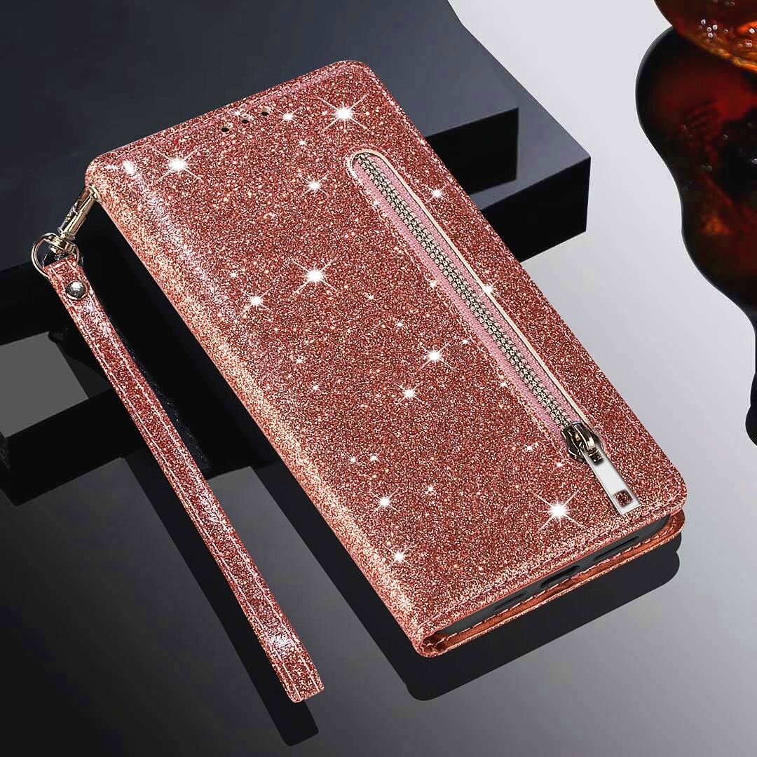 Alt View 3. Dteck - Glitter Zipper Wallet Case for Samsung Galaxy A36 5G Card Holder Wrist Strap Shockproof PU Leather Cover - Rosegold.