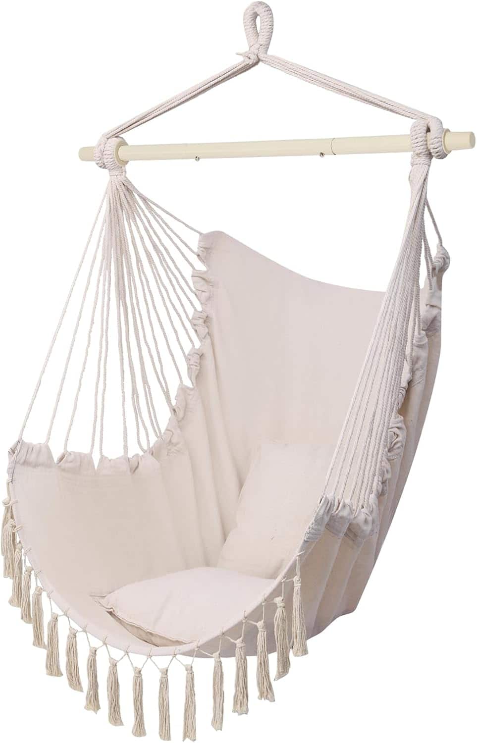 Winado - Hanging Rope Swing Hammock Chair Macrame Hammock Swing Seat w/ 2 Cushions, Steel Spreader Bar, Tassels for In/Outdoor - Beige