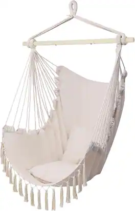 Winado - Hanging Rope Swing Hammock Chair Macrame Hammock Swing Seat w/ 2 Cushions, Steel Spreader Bar, Tassels for In/Outdoor - Beige