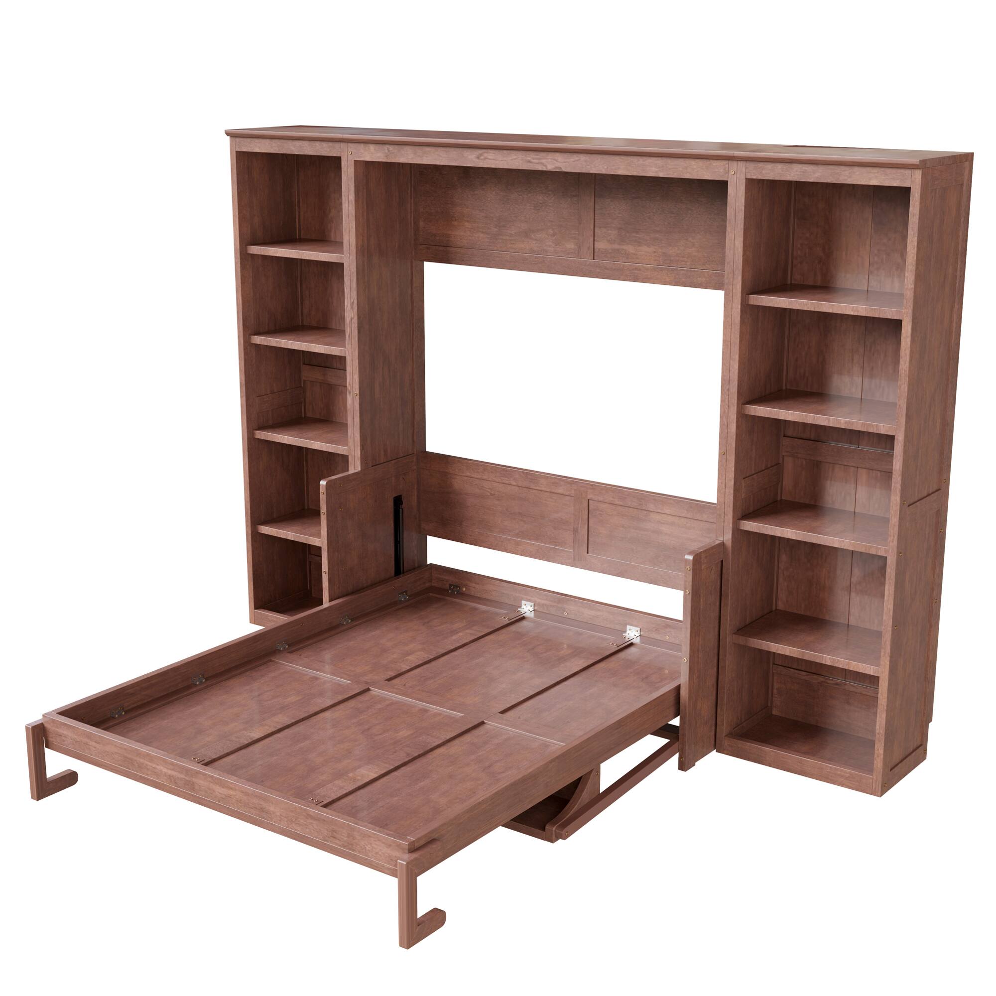Back. Whisen - Full Size Murphy Bed with Built-in Desk and Side Bookshelves, Foldable Space-Saving Bed Cabinet - Dark Brown.