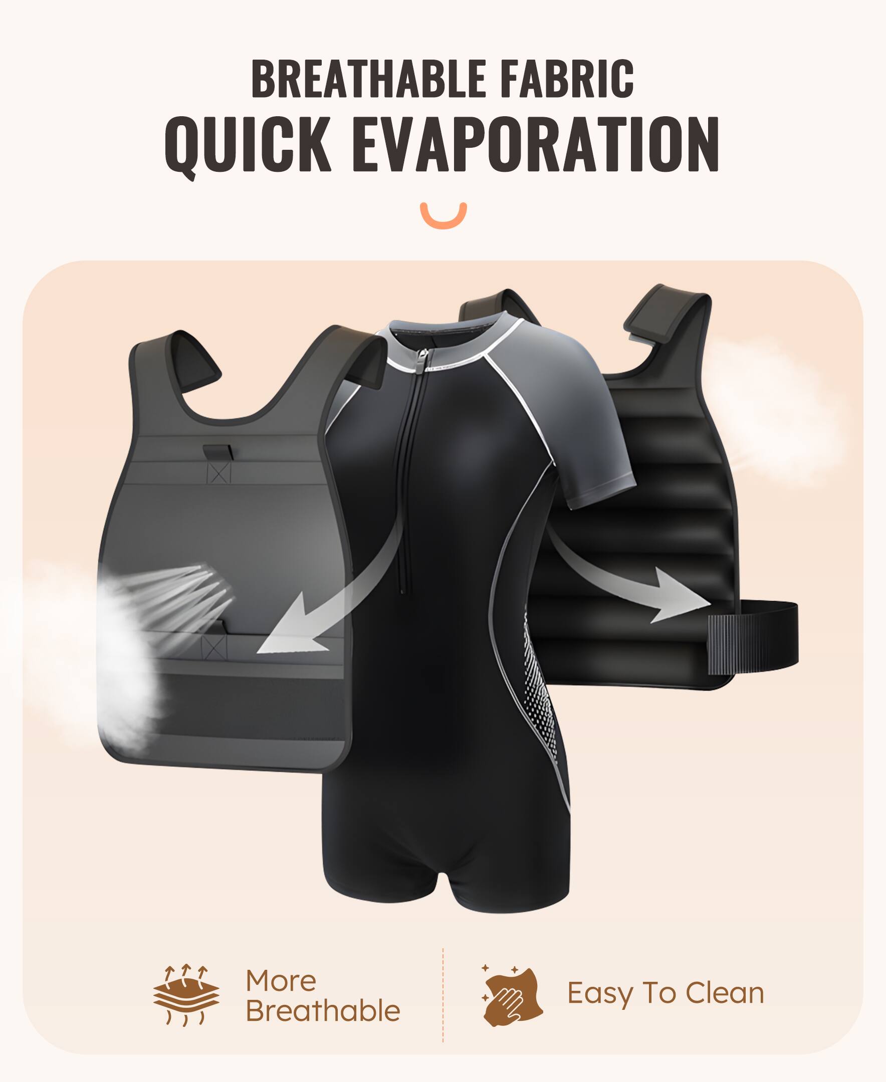 BREATHABLE FABRIC  
QUICK EVAPORATION  

More Breathable  
Easy To Clean