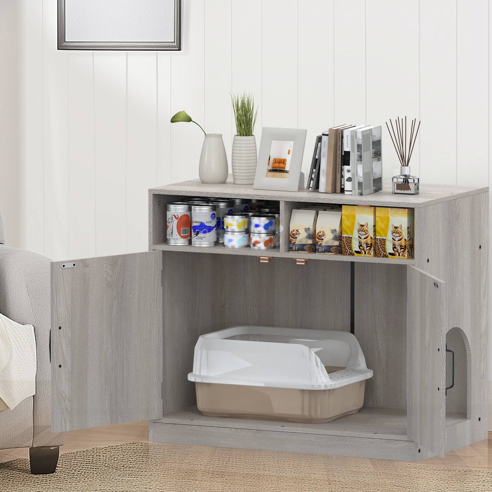 Angle. Oumilen - Grey Cat Litter Box Enclosure with Storage Shelves - Gray.