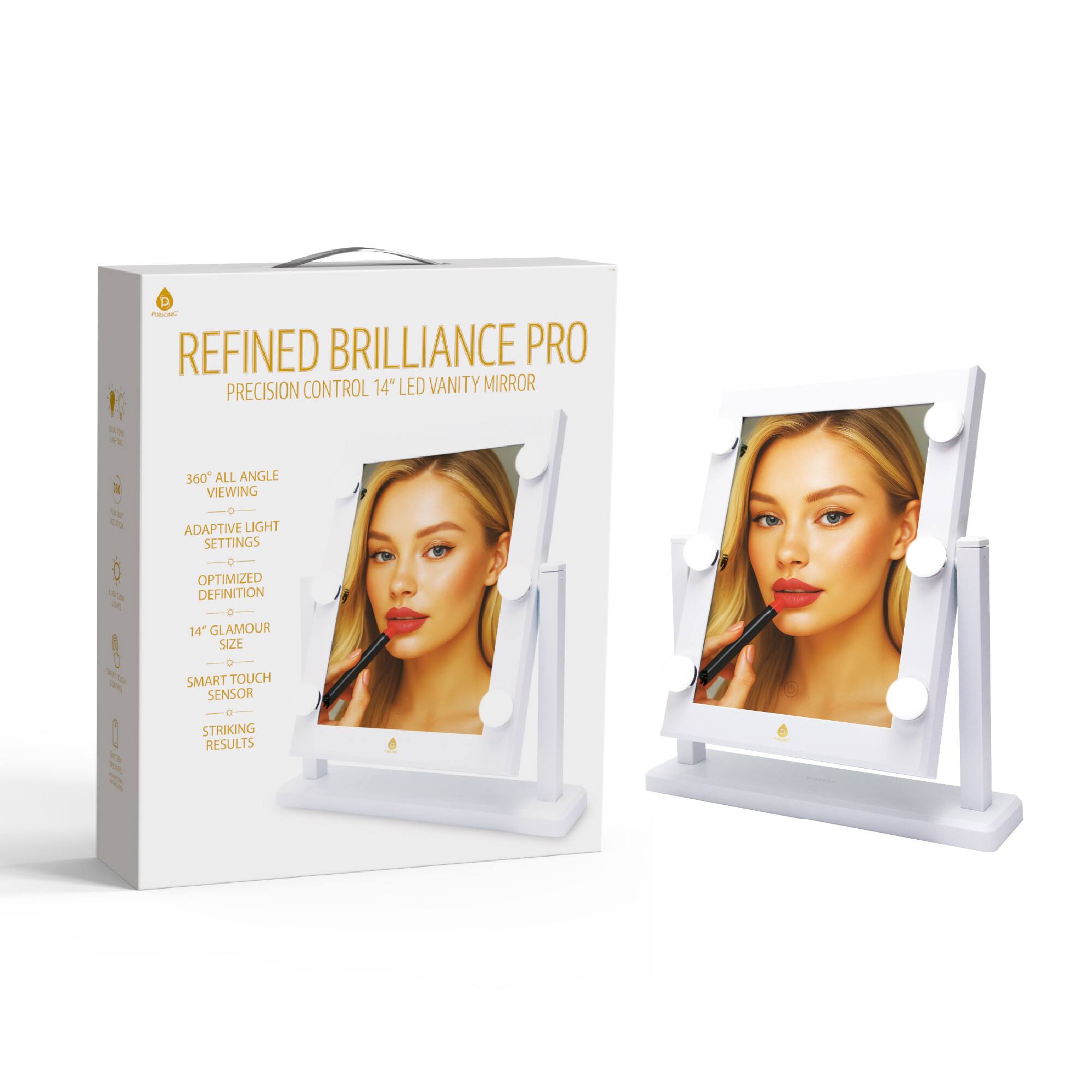 REFINED BRILLIANCE PRO PRECISION CONTROL 14" LED VANITY MIRROR

- 360° ALL ANGLE VIEWING
- ADAPTIVE LIGHT SETTINGS
- OPTIMIZED DEFINITION
- 14" GLAMOUR SIZE
- SMART TOUCH SENSOR
- STRIKING RESULTS