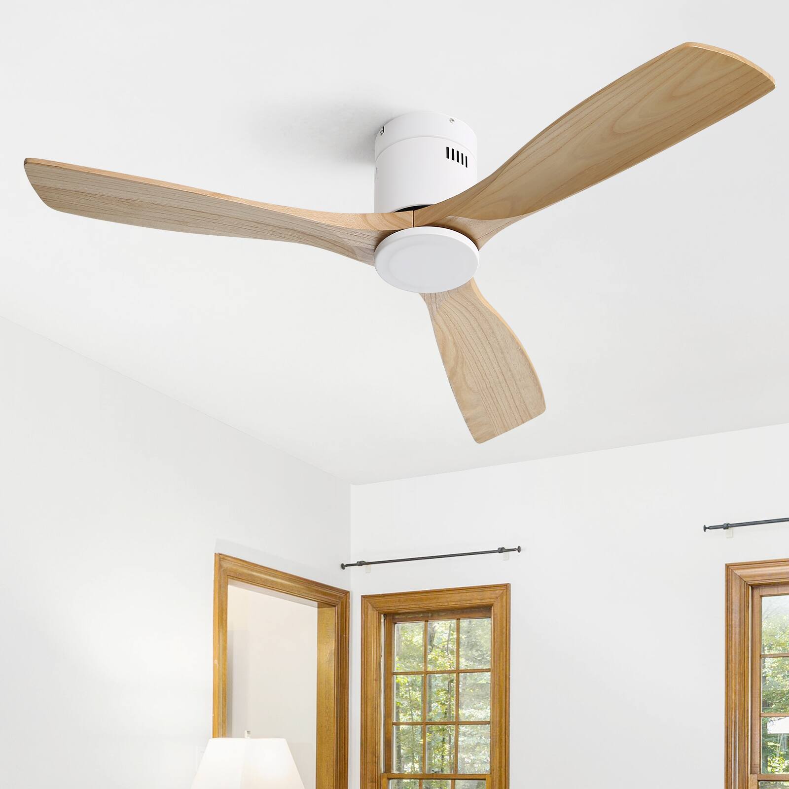 Alt View 3. Sofucor - 52'' White Ceiling Fan Modern Flush Mount Ceiling Fan No Light with Remote 3 Wood Blades for Bedroom/Farmhouse/Patio - White - 2PCS.