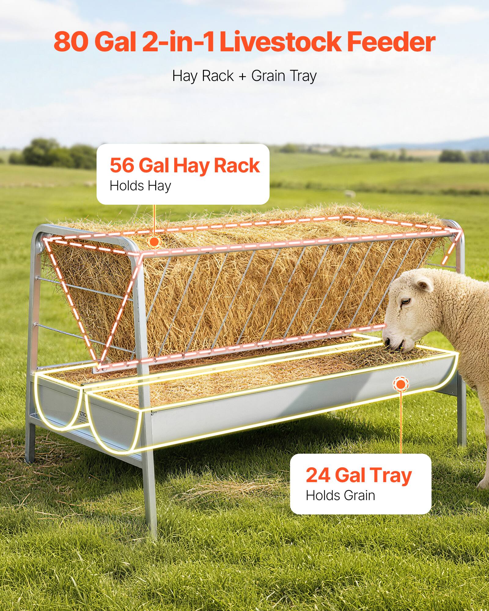 80 Gal 2-in-1 Livestock Feeder  
Hay Rack + Grain Tray  

56 Gal Hay Rack  
Holds Hay  

24 Gal Tray  
Holds Grain