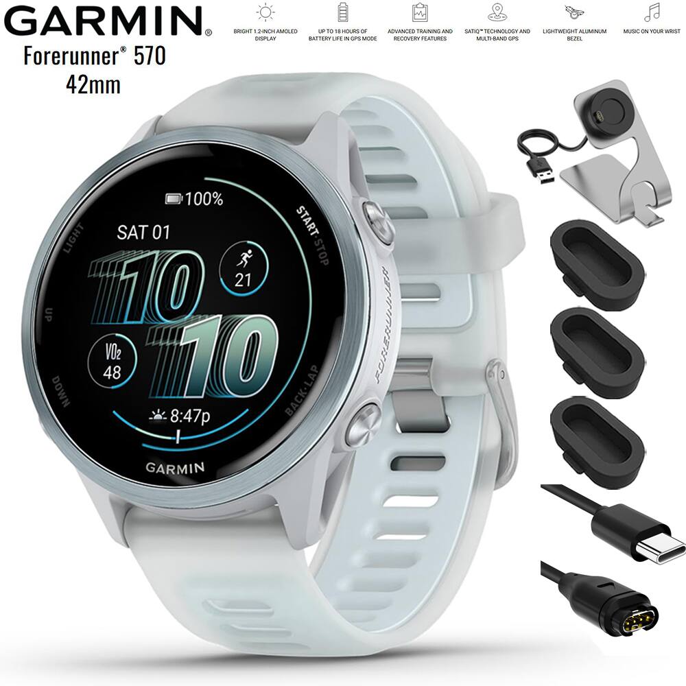 GARMIN  
Forerunner 570  
42mm  

- BRIGHT 1.2-INCH AMOLED DISPLAY  
- UP TO 18 HOURS OF GPS MODE BATTERY LIFE  
- ADVANCED TRAINING AND RECOVERY FEATURES  
- SATELLITE TECHNOLOGY AND MULTI-BAND GPS  
- LIGHTWEIGHT ALUMINUM BEZEL  
- MUSIC ON YOUR WRIST  

100%  
SAT 01  
10:10  
21  
V02 48  
8:47p  
GARMIN  

START STOP  
BACK LAP