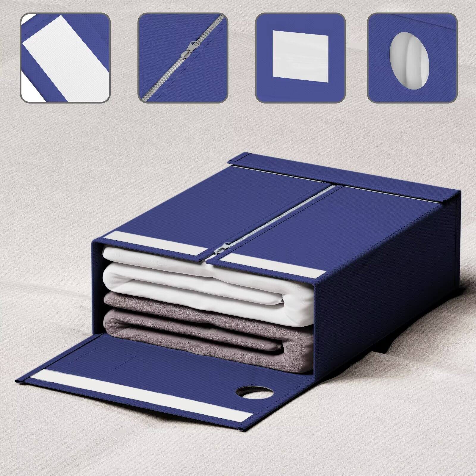 Angle. Tooloton - Bed Sheet Organizers 4 Pack, Linen Closet Storage with Window, Queen King Size Bedding Container, Blue - Blue.