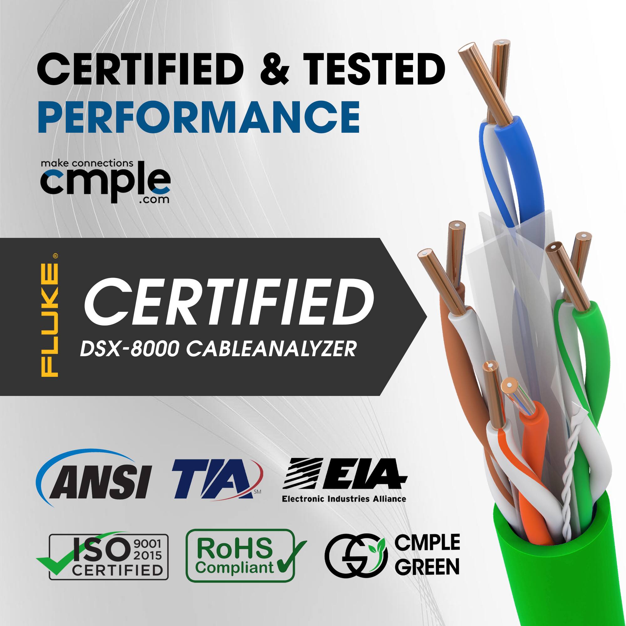 CERTIFIED & TESTED PERFORMANCE  
make connections cmple.com  

CERTIFIED  
DSX-8000 CABLEANALYZER  

ANSI TIA  
Electronic Industries Alliance  

ISO 9001 2015  
RoHS CERTIFIED Compliant  

CMPLE GREEN