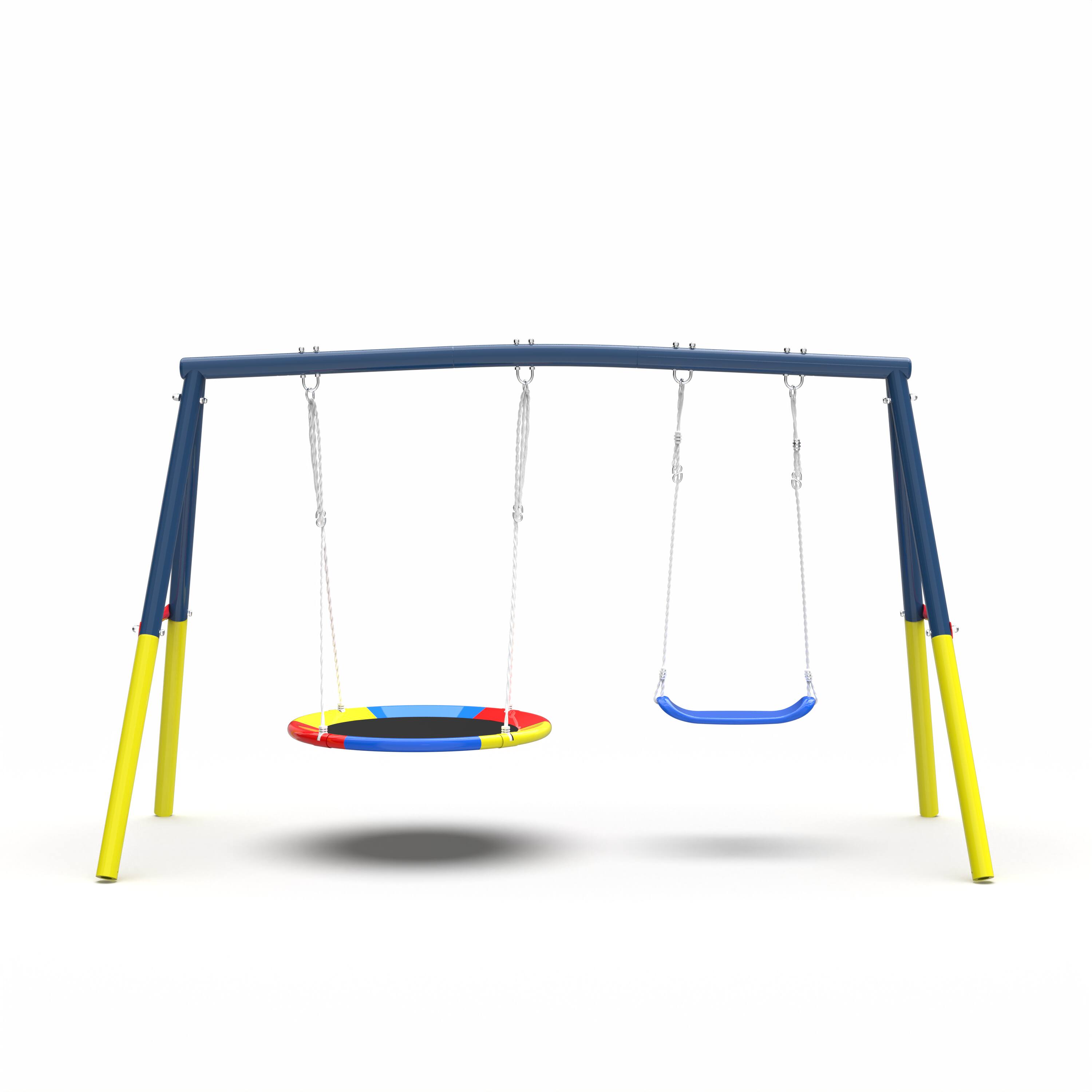 Back. Siljoy - Double Swing Set, 330lb Capacity, Saucer & Belt Seats, A‑Frame Metal Stand, ASTM Certified, for Backyard - Blue.