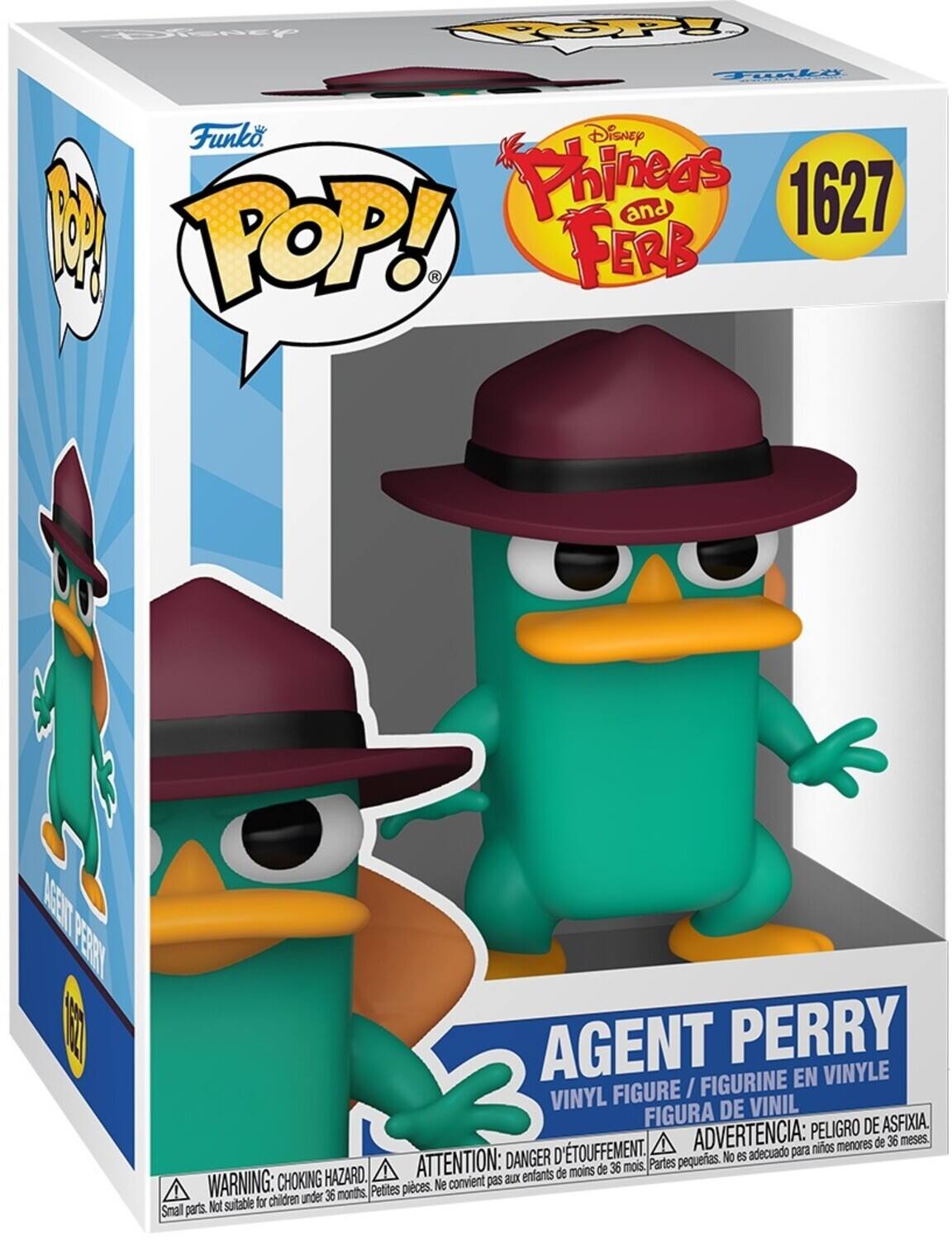 Sure, here is the corrected and grouped text from the image:

---

**Top Left:**
- Funko
- POP!

**Top Center:**
- Disney Phineas and Ferb
- 1627

**Top Right:**
- Funko

**Center:**
- Agent Perry

**Bottom:**
- VINYL FIGURE / FIGURINE EN VINYLE / FIGURA DE VINIL
- WARNING: CHOKING HAZARD. Small parts. Not suitable for children under 36 months.
- ATTENTION: DANGER D'ÉTOUFFEMENT. Petites pièces. Ne convient pas aux enfants de moins de 36 mois.
- ADVERTENCIA: PELIGRO DE ASFIXIA. Partes pequeñas. No es adecuado para niños menores de 36 meses.

**Bottom Left:**
- AGENT PERRY
- 1627

---