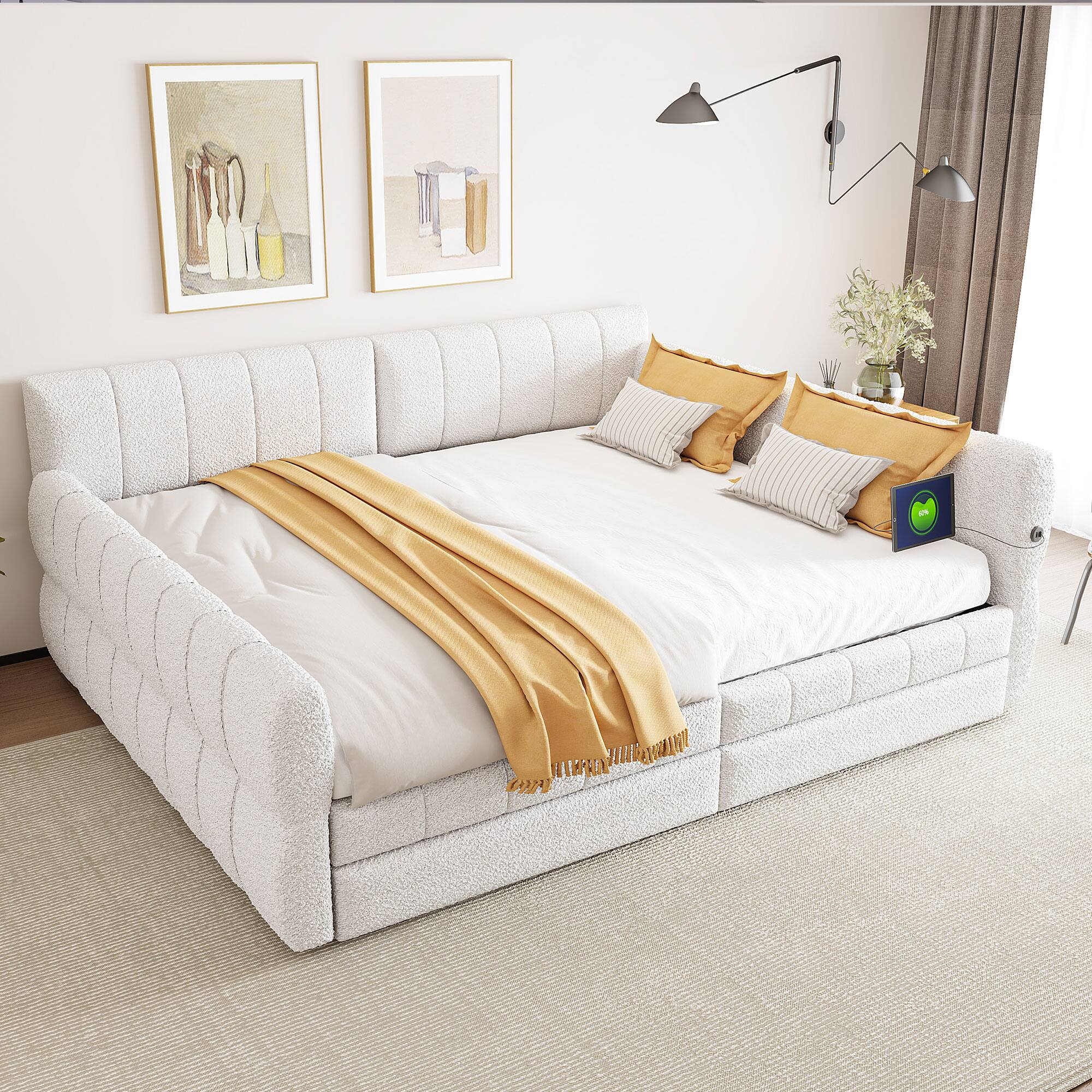 Front. Whisen - Queen Size Upholstered Platform Bed Frame with Built-in USB Ports and 2 Storage Drawers for Bedroom - White.