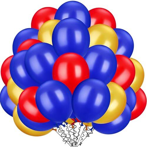 Front. DORLUKFU - 100 Pcs Red Blue Yellow Latex Balloons 13 Inch Colorful Round Balloons for Wedding Birthday Festival Racing Car Poker - Blue, Red, Yellow.