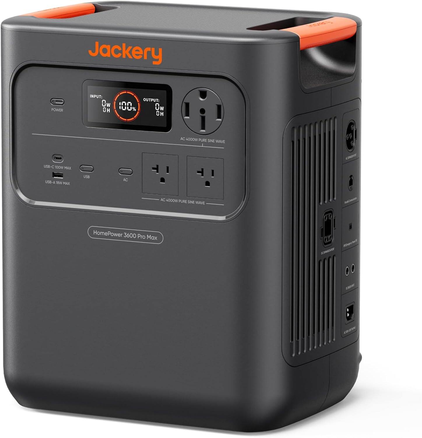 Jackery  
POWER  
INPUT: OUTPUT: 0w 100%  
AC 4000W PURE SINE WAVE  
USB-C 100W MAX  
USB-A 18W MAX  
USB  
AC  
AC 4000W PURE SINE WAVE  
HomePower 3600 Pro Max  
Kingrall