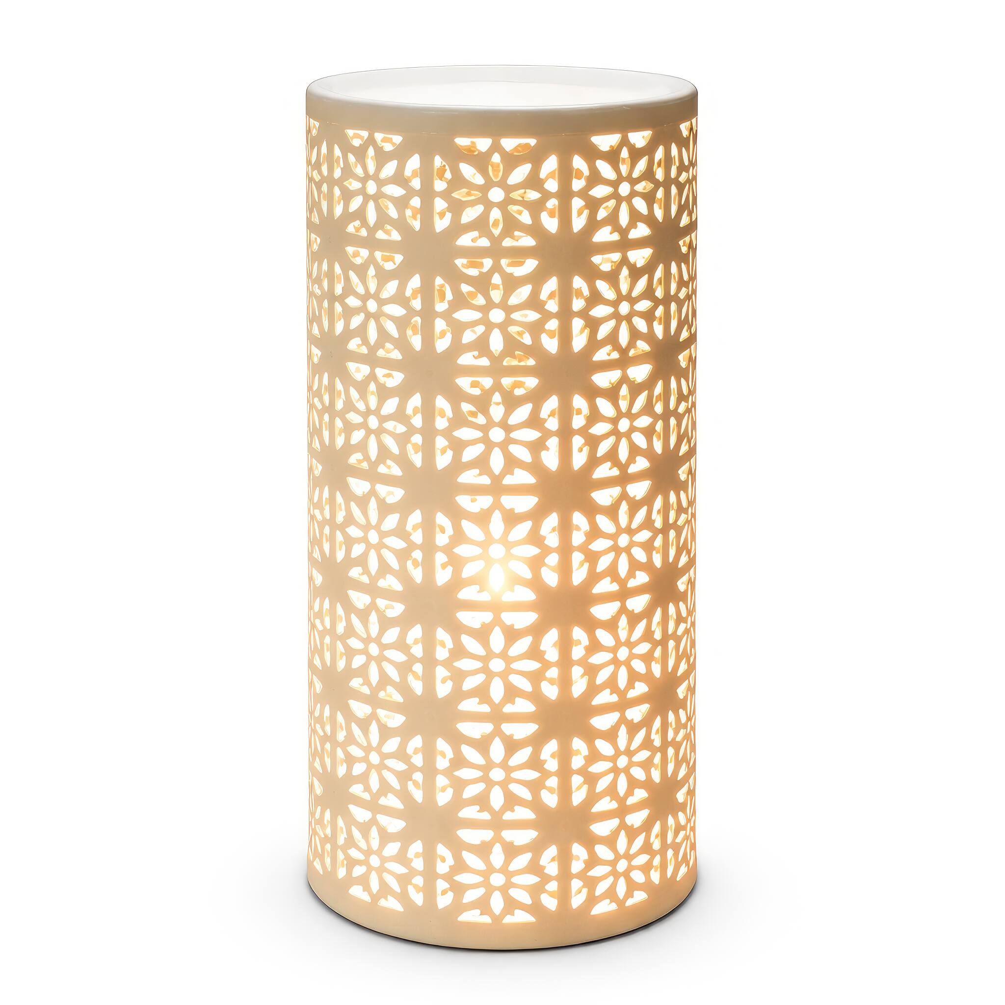Angle. FC Design - 11"H Golden Cylinder w/ Decorative Floral Glow Pattern Table Lamp.