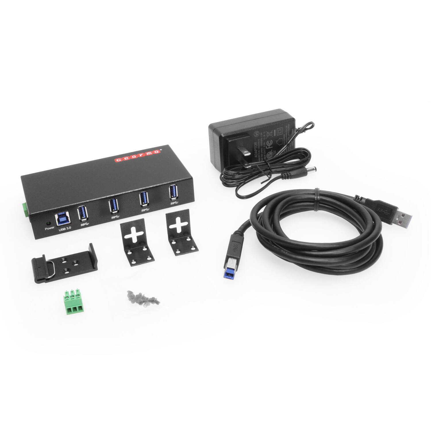 Back. Gearmo - 4-Port USB 3.0 Hub - 5Gbps - Surge Protection - Surface & DIN-Rail Mountable - Includes Power Adapter - Black.
