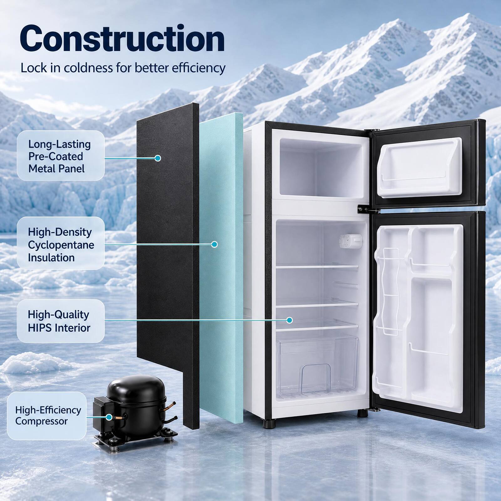 Construction  
Lock in coldness for better efficiency

- Long-Lasting Pre-Coated Metal Panel
- High-Density Cyclopentane Insulation
- High-Quality HIPS Interior
- High-Efficiency Compressor