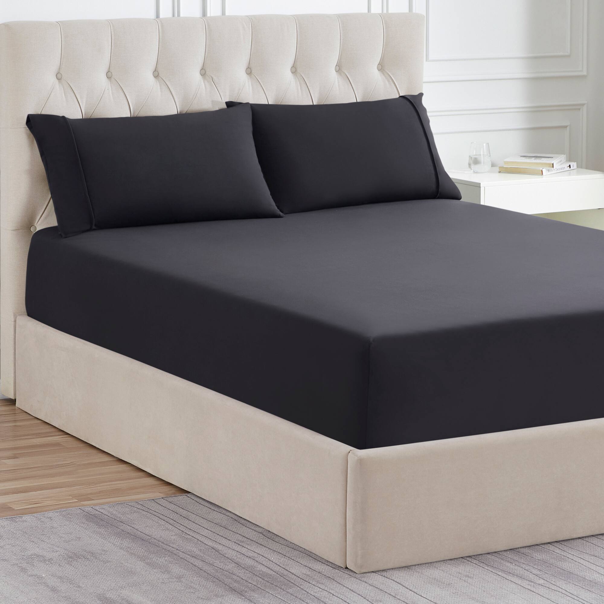 Left. Sweet Home Collection - Solid Flannel Fitted Sheet, Bottom Sheets with Built in Sheet Straps, Twin - Black.