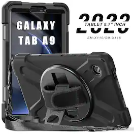 Dteck - Full-Body Case for Samsung Galaxy Tab A9 with Shoulder Strap, Shockproof Heavy Duty Cover, Multi-Angle Kickstand - Black