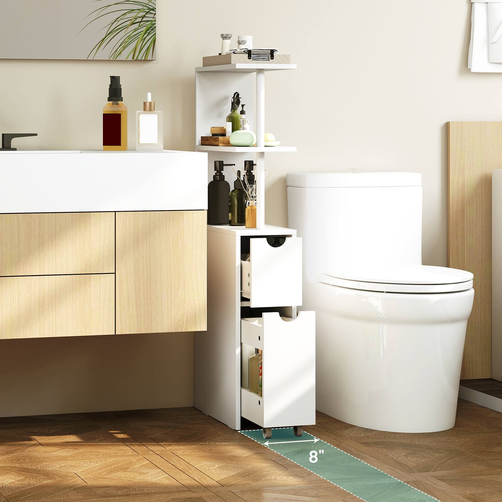 Alt View 4. Costway - Costway Slim Storage Cabinet with Open Shelves Pull-out Drawer & Slide-out Cart for Kitchen - White.