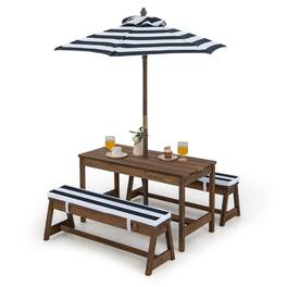 Gymax - Kids Wood Picnic Table and Bench Set w/ Cushions Umbrella for Indoor Outdoor - Blue