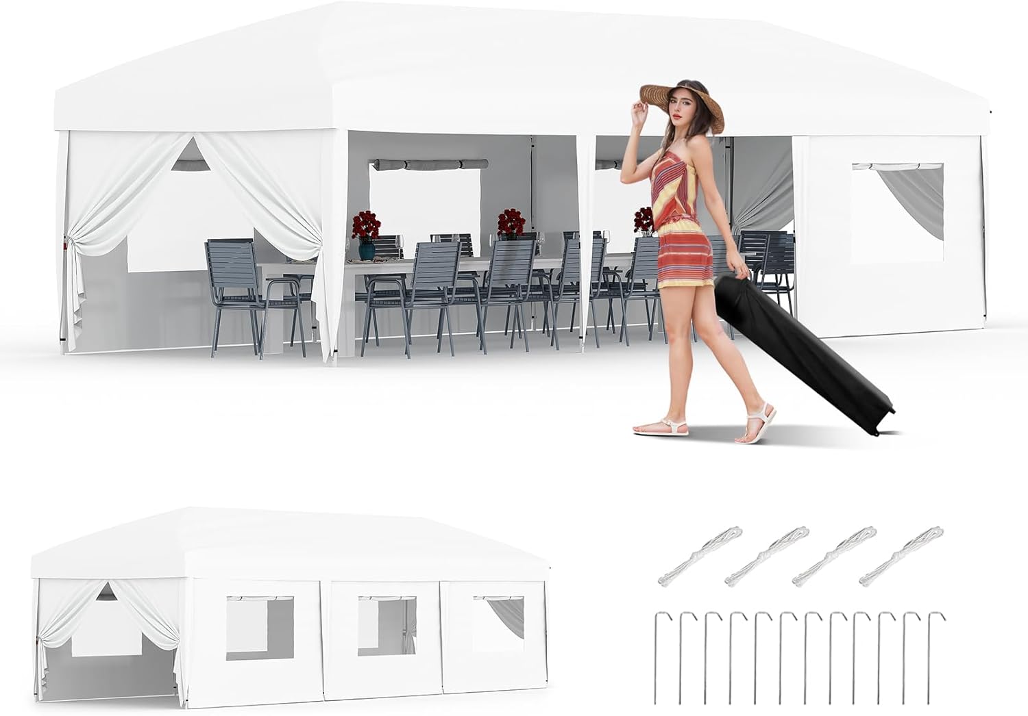 Front. Homhougo - 10x30 Pop Up Canopy with 8 Sidewalls - Heavy Duty Outdoor Canopy Tent with Portable Roller Bag - 3 Adjustable Height, - White.