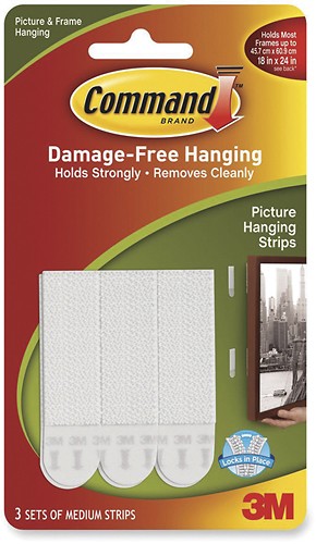 Command Picture Hanging Strips, White, Medium, 3 Pairs of Strips/Pack