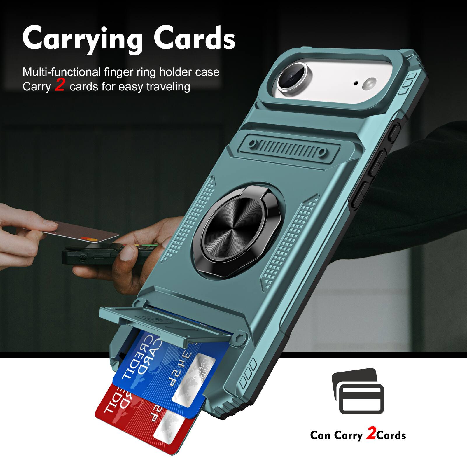 Carrying Cards

Multi-functional finger ring holder case
Carry 2 cards for easy traveling

Can Carry 2 Cards