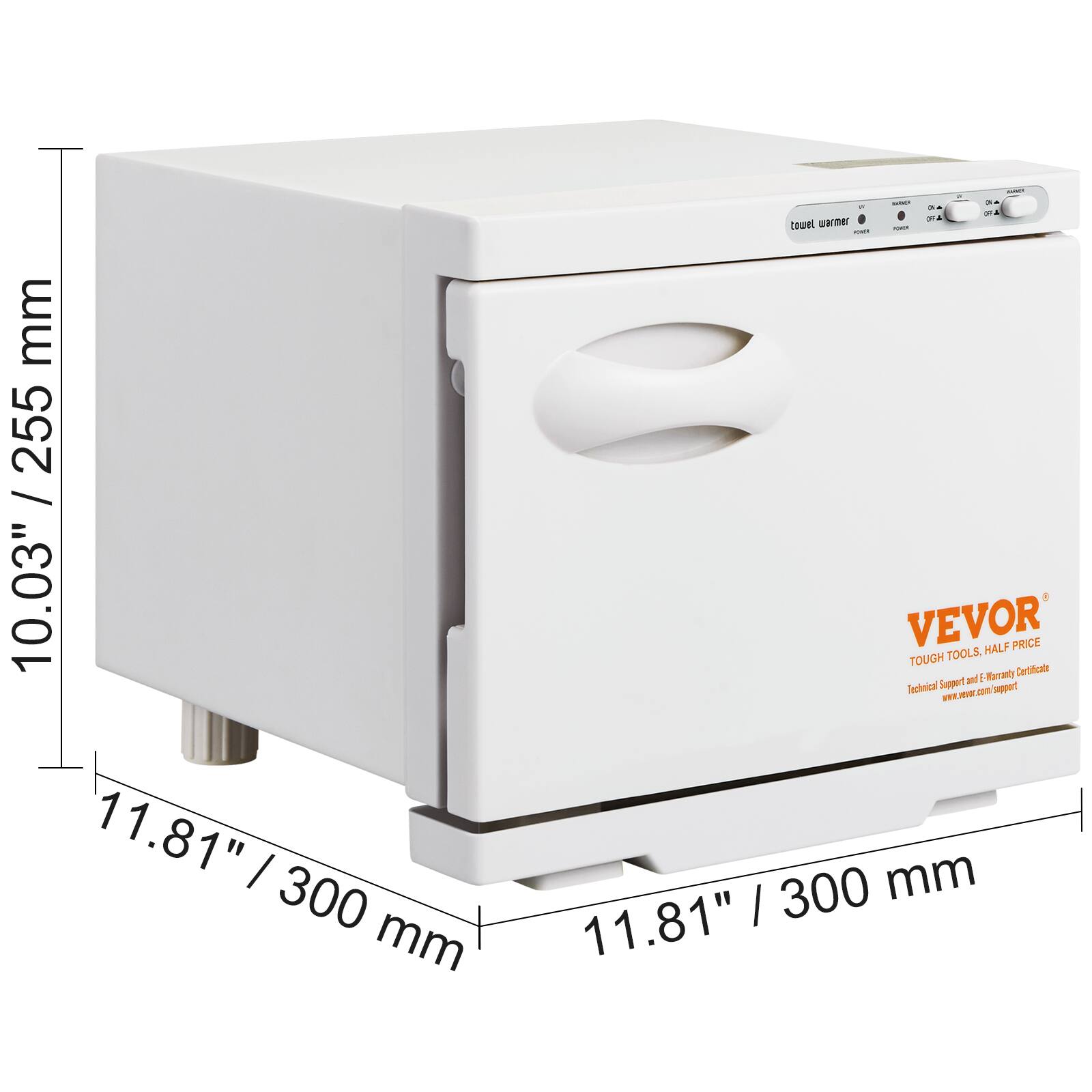 - Dimensions: 10.03" / 255 mm (height) x 11.81" / 300 mm (width) x 11.81" / 300 mm (depth)
- Product: Towel warmer
- Brand: VEVO®
- Description: Tough tools, half price. Technical support and E-Warranty Certificate.
- Website: www.vevor.com/support
