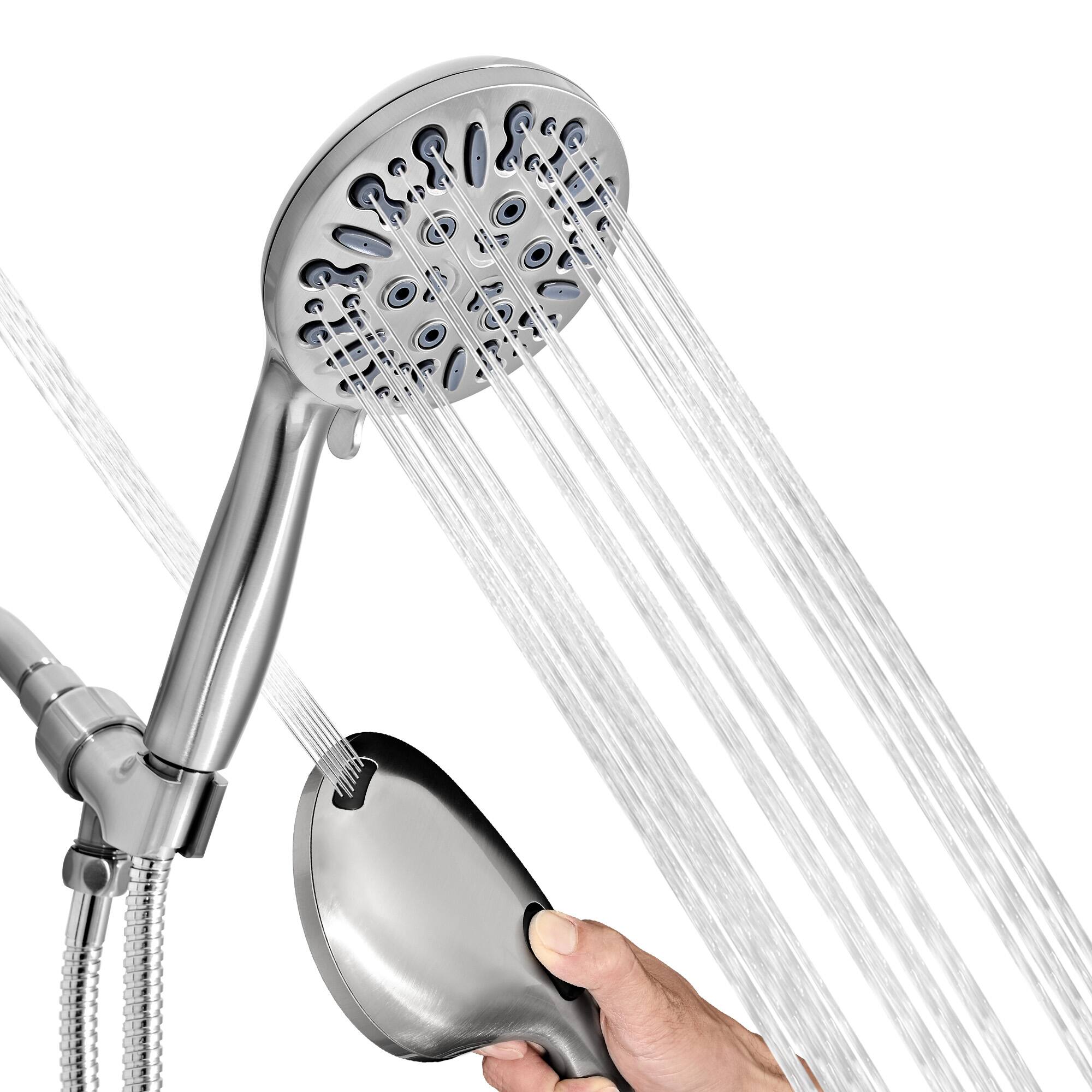 Angle. Akicon - Akicon High Pressure Handheld Shower Head 9-Setting with 60" Stainless Steel Hose 2.5 gpm in Brushed Nickel - Brushed Nickel.
